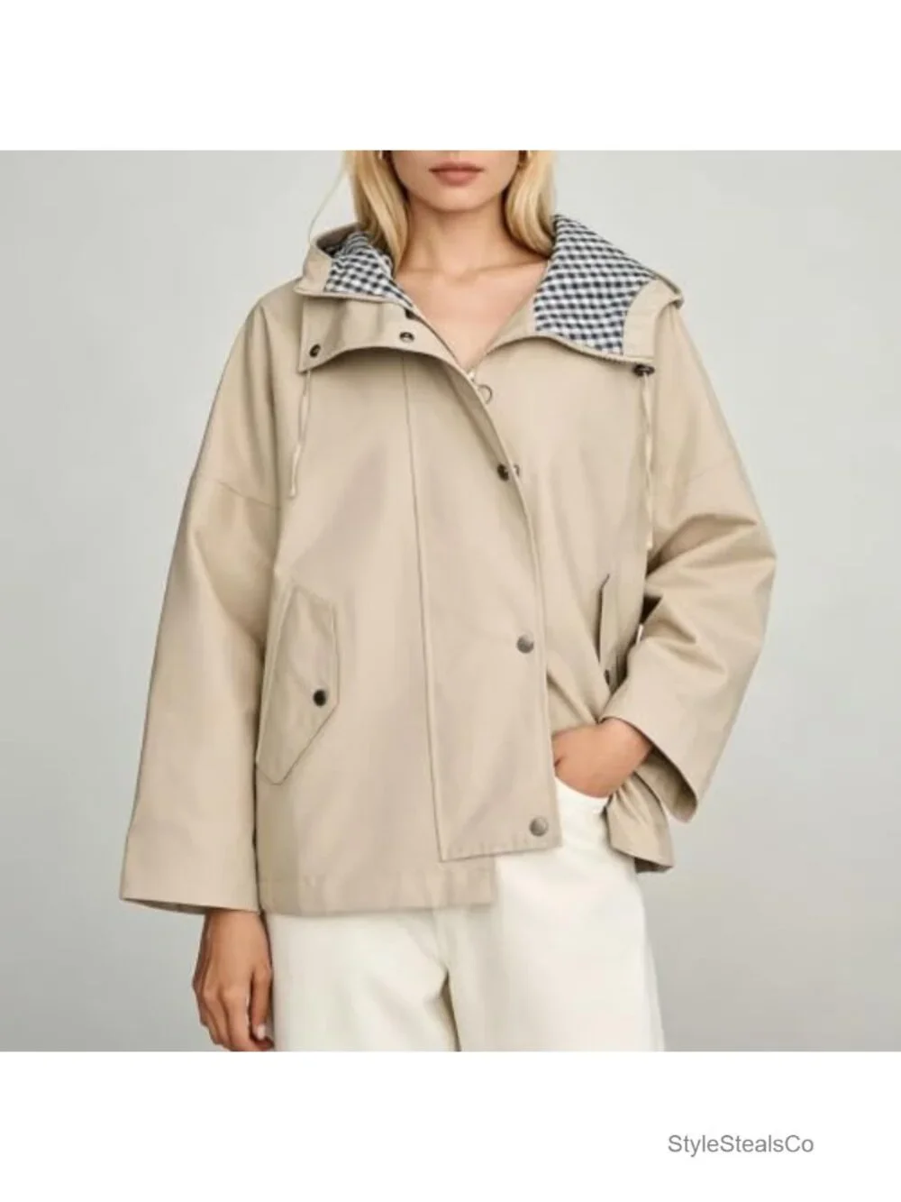 Womens Oversize Trench Coat Plaid Lining Hooded Zip Up Windbreaker